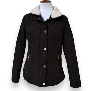 Michael Kors Womens Quilted Jacket Black Sherpa Trim Lined Pockets Zip S Classic